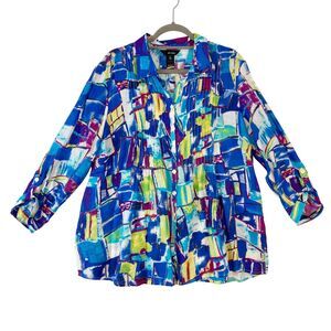 Ali Miles‎ Button Up Top Women's Sz XL Colorful Abstract Artsy Pintuck Geometric